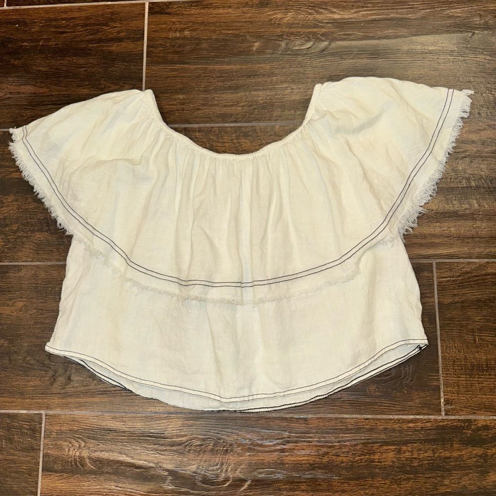 Zara off the shoulder off white linen top with black trim raw hem sz L EUC